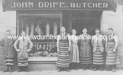 John Drife, butcher, shop and staff 
